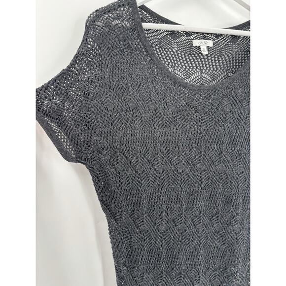 Cache Sweater Top Womens Medium Gray Crochet Knit Short Sleeves Metallic Scoop - Picture 5 of 14